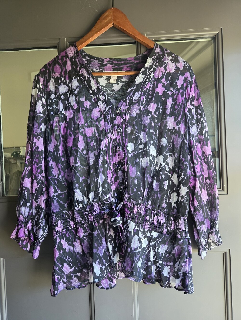 JM Collection Button-front Sheer Blouse - Purple Watercolor Floral Print